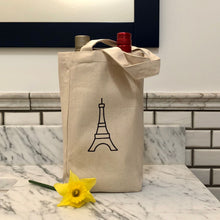 Load image into Gallery viewer, Paris-inspired, natural canvas Eiffel Wine Bag with black graphic: L&#39;Abeille Française