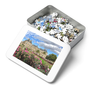 14" × 11" 252 precise interlocking piece jigsaw puzzle of the Luxembourg Gardens in Paris in a white metal box: L'Abeille Française