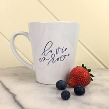 Load image into Gallery viewer, La Vie En Rose Eiffel Latte Mug: la vie en rose in lavender script on a white latte mug