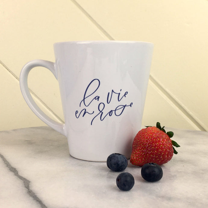 La Vie En Rose Eiffel Latte Mug: la vie en rose in lavender script on a white latte mug