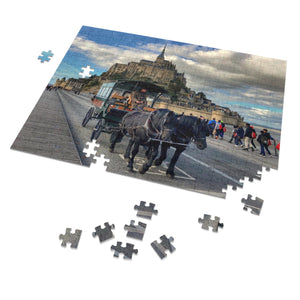 14" × 11" 252 precise interlocking piece jigsaw puzzle of a team of horses pulling a passenger wagon in front of Mont Saint Michel in France: L'Abeille Française