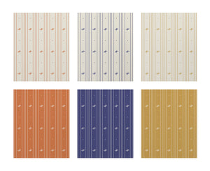 A sample chart of six colour combinations of wallpaper with alternating vertical stripes of stylized flower petals and narrow lines: Boutique L'Abeille Française