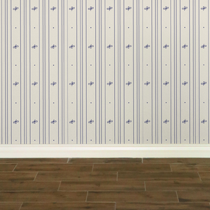 Cream-coloured wallpaper with alternating vertical stripes of lavender blue coloured stylized flower petals and narrow lines: Boutique L'Abeille Française