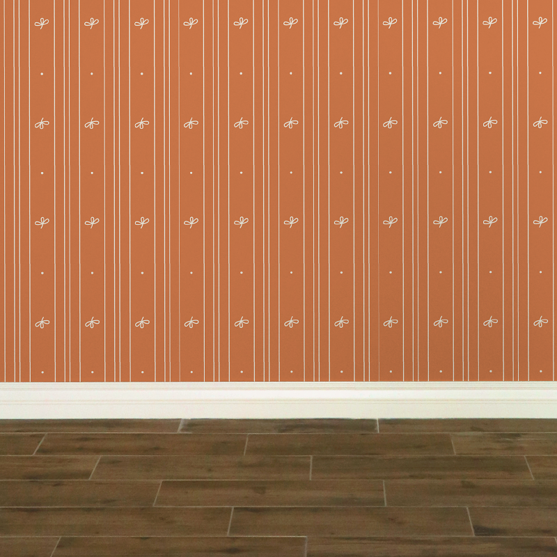 Peach-coloured wallpaper with alternating vertical stripes of cream-coloured stylized flower petals and narrow lines: Boutique L'Abeille Française