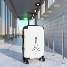 Load image into Gallery viewer, Hard-shell carry-on suitcase with black Eiffel Tower graphic on white background is accented by black trim, back, wheels and telescoping handle: Boutique L&#39;Abeille Française