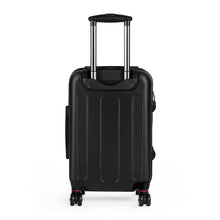 Load image into Gallery viewer, Black back of carry-on Take Me To Paris hard-shell suitcase with black wheels and telescoping handle: Boutique L&#39;Abeille Française