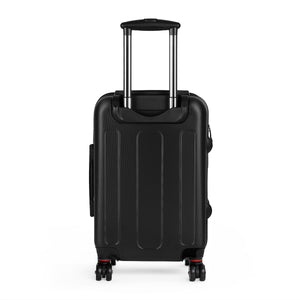 Black back of carry-on Take Me To Paris hard-shell suitcase with black wheels and telescoping handle: Boutique L'Abeille Française