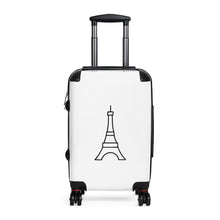 Load image into Gallery viewer, Hard-shell carry-on suitcase with black Eiffel Tower graphic on white background is accented by black trim, back, wheels and telescoping handle: Boutique L&#39;Abeille Française