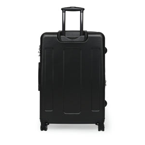Black back of large Take Me To Paris hard-shell suitcase with black wheels and telescoping handle: Boutique L'Abeille Française