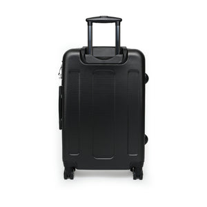Black back of medium-sized Take Me To Paris hard-shell suitcase with black wheels and telescoping handle: Boutique L'Abeille Française
