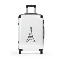 Load image into Gallery viewer, Medium-sized hard-shell suitcase with black Eiffel Tower graphic on white background is accented by black trim, back, wheels and telescoping handle: Boutique L&#39;Abeille Française