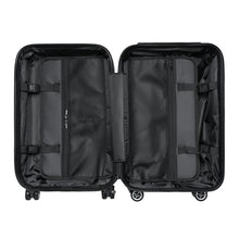 Load image into Gallery viewer, Black interior of carry-on Take Me To Paris hard-shell suitcase with 2 zippered inner pockets and black wheels: Boutique L&#39;Abeille Française