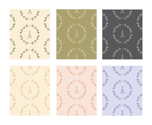 Load image into Gallery viewer, Sample of six colour combinations of wallpaper with a graphic of a stylized Eiffel Tower surrounded by a floral wreath: L&#39;Abeille Française