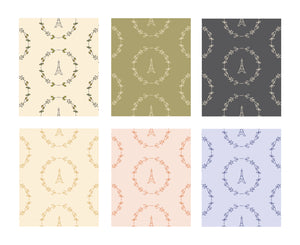 Sample of six colour combinations of wallpaper with a graphic of a stylized Eiffel Tower surrounded by a floral wreath: L'Abeille Française