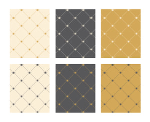 Sample of six colour combinations of wallpaper with a graphic of a stylized bee graphic at the intersection of diagonal lines: L'Abeille Française
