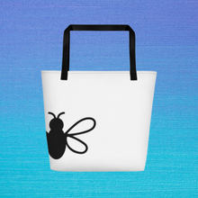 Load image into Gallery viewer, Wandering Bee Tote white front with 3 quarters of a black stylized bee printed on lower left side, black stitching and webbing handles: Boutique L&#39;Abeille Française