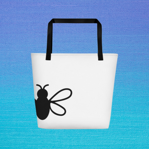 Wandering Bee Tote white front with 3 quarters of a black stylized bee printed on lower left side, black stitching and webbing handles: Boutique L'Abeille Française